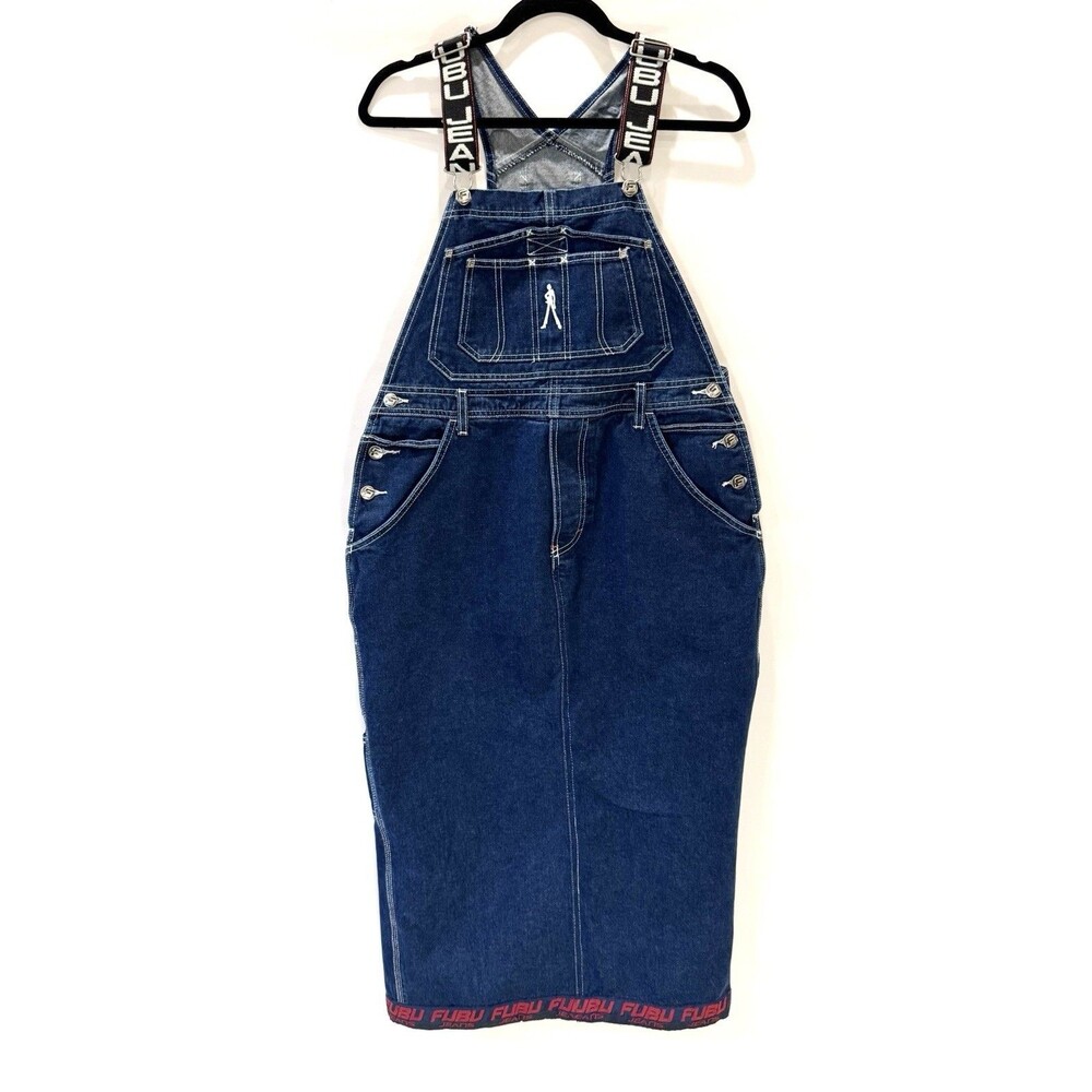 Vintage FUBU Womens L Denim Overall Dress Y2K Hip Hop Logo Midi Jean Jumper